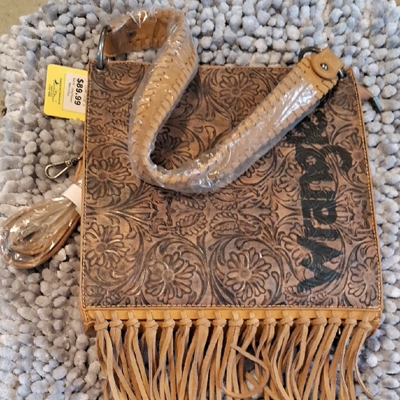 Wrangler Handbags - Wrangler Tan Fringed Floral Embossed Shoulder Bag